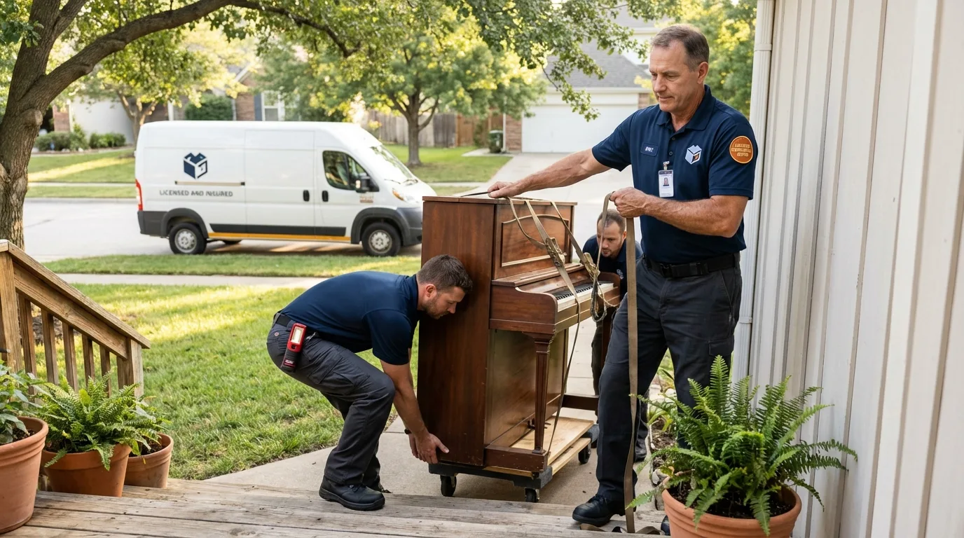 Licensed piano movers securing grand piano in Prudenville, MI