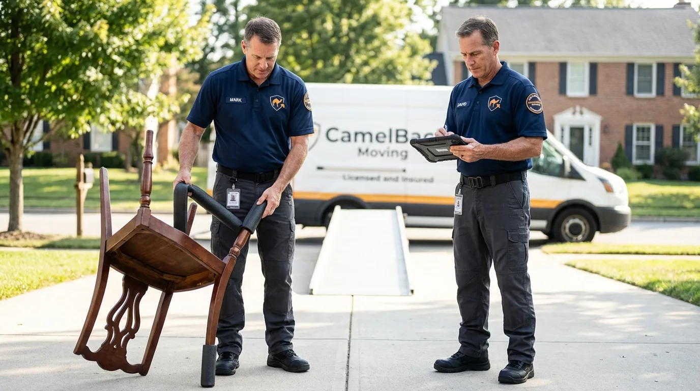 Movers inspecting furniture for damage prevention before loading in Prudenville, MI