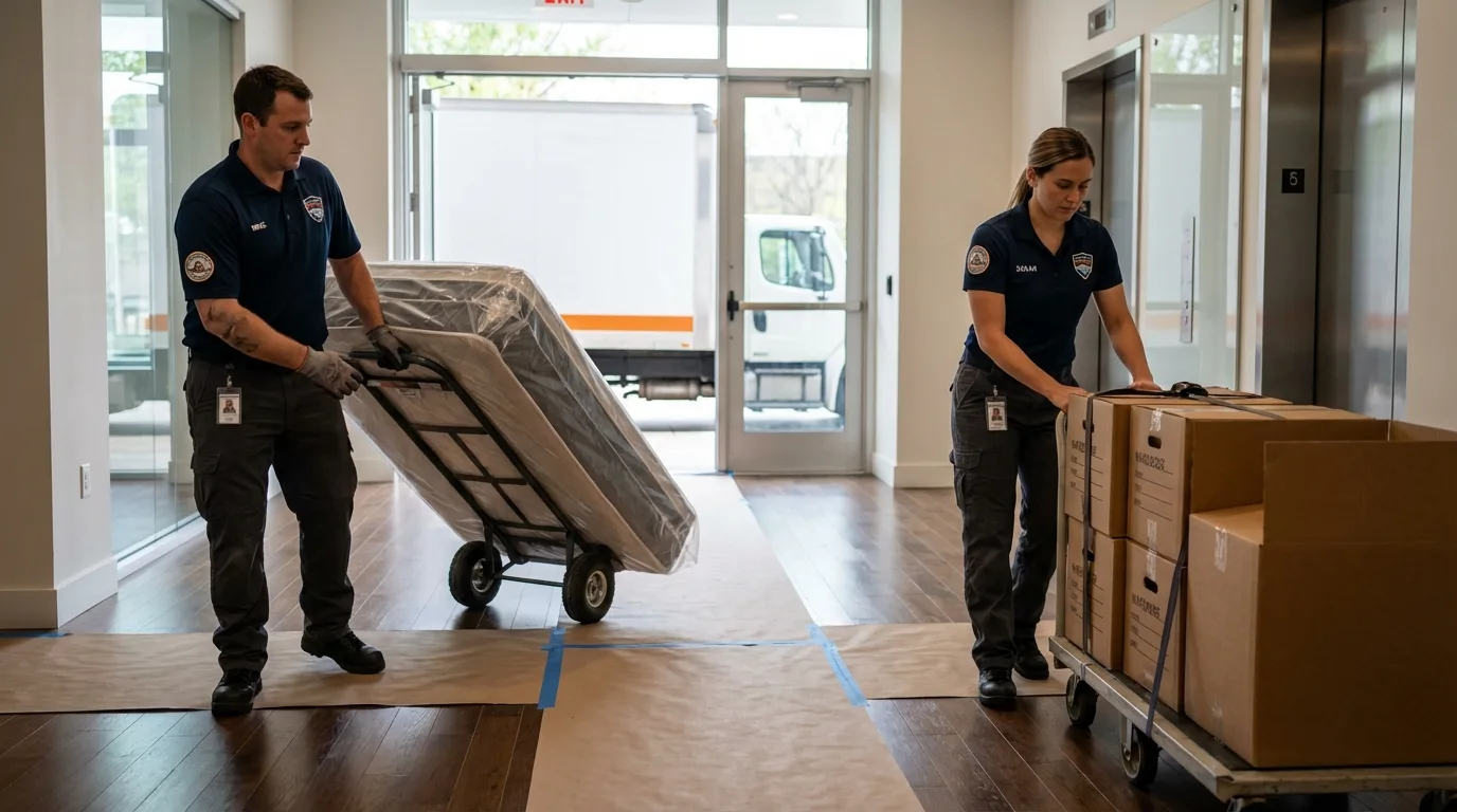 Professional apartment movers loading elevator in Prudenville, MI