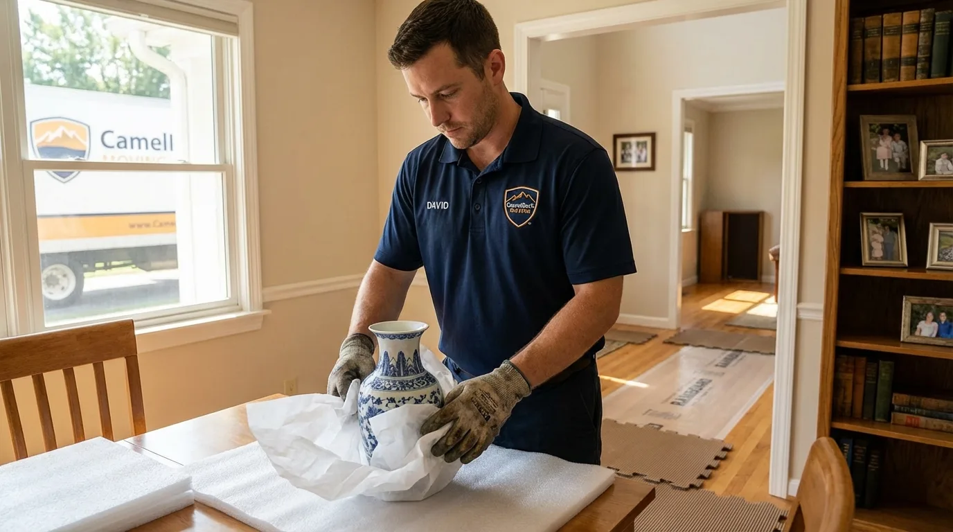 Professional crew carefully wrapping antique vase for senior downsizing move in Prudenville, MI